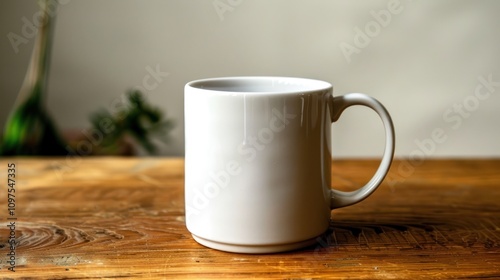 White ceramic mug on a plain wooden table, clean white background"