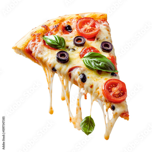 Slices of cheesy pizza with tomato, basil, and olives levitating against a transparent background, showcasing delicious toppings and gooey cheese.