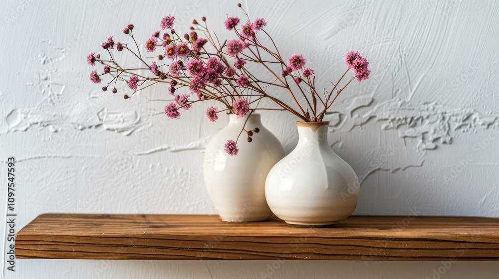 White vase with small flowers on a shelf, white wall background White vase with small flowers on a shelf, white wall background