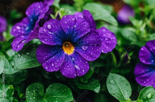 Vibrant Purple Petunia Flower with Yellow Center Surrounded by Green Leaves in Close-Up