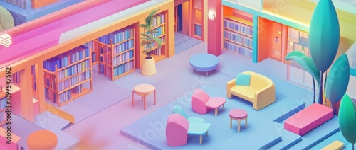 A vibrant, modern library space with colorful seating and bookshelves.