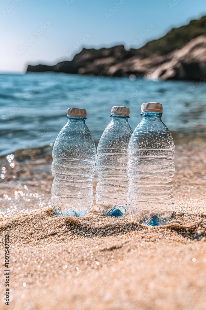 Three plastic water bottles on a sandy beach near the ocean, symbolizing pollution and environmental issues. Three plastic water bottles on a sandy beach near the ocean, symbolizing pollution and environmental issues.