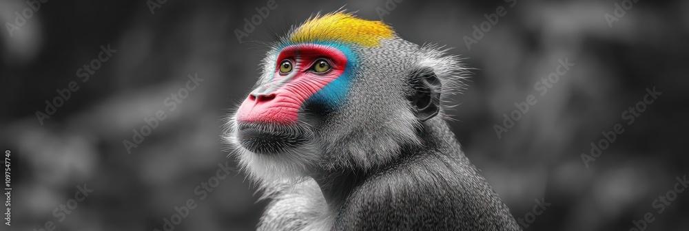 Fototapeta premium A vibrant monkey portrait with colorful facial features against a black-and-white background.