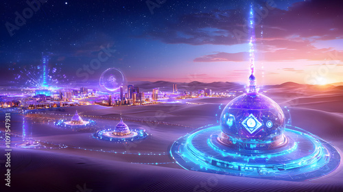 AI-Powered Future World: Image of a future city using artificial intelligence to control various systems, showing the impact of artificial intelligence on the way of life, cinema scene on wide desert photo