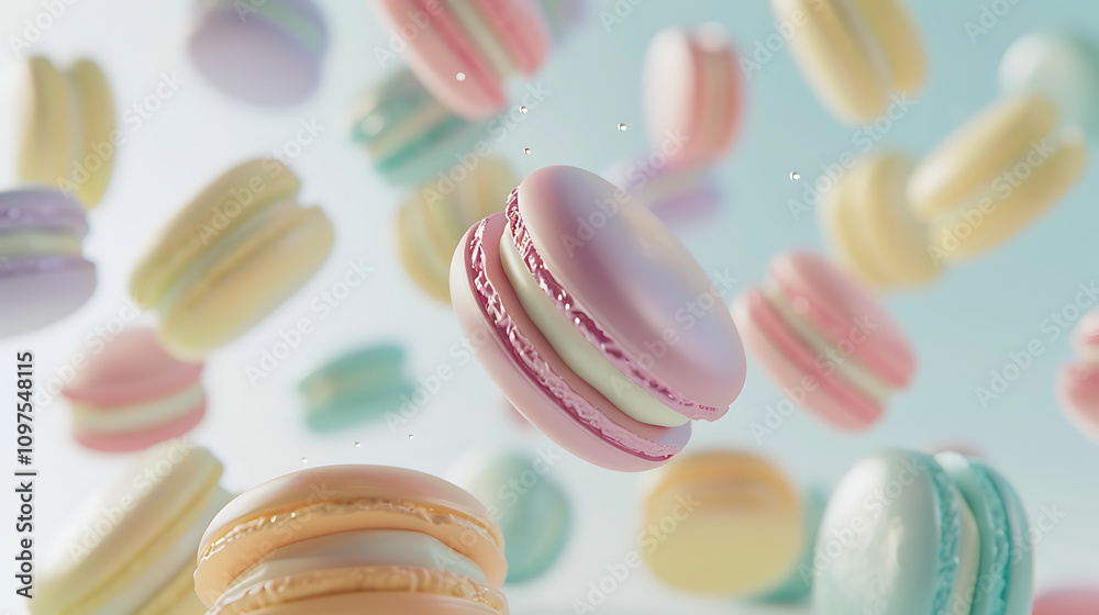 Obraz premium Colorful Floating Macarons in a Dreamy Background Perfect for Sweet Treats, Desserts, Baking, and Confectionery Designs, Evoking Joy and Celebration