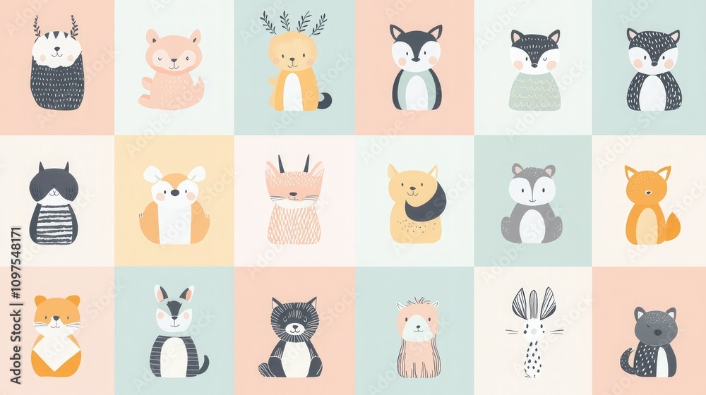 A modern collection of animal icons with geometric designs and soft pastel colors. 