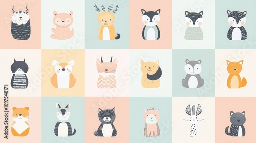 Fototapeta Naklejka Na Ścianę i Meble -  A modern collection of animal icons with geometric designs and soft pastel colors. 