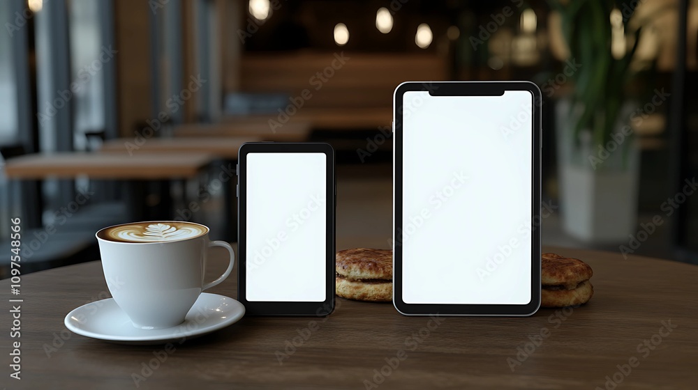 A smartphone and tablet placed side by side on a café table, both displaying blank mockup screens with a coffee cup and pastry nearby A smartphone and tablet placed side by side on a café table, both displaying blank mockup screens with a coffee cup and pastry nearby