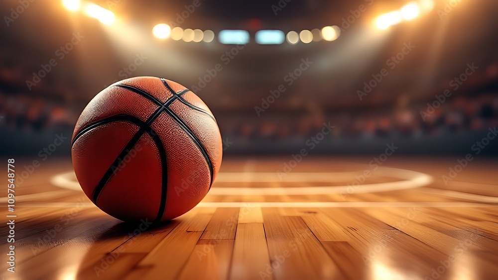 Basketball ball in front of big modern basketball arena. Generative ai. Basketball ball in front of big modern basketball arena. Generative ai.