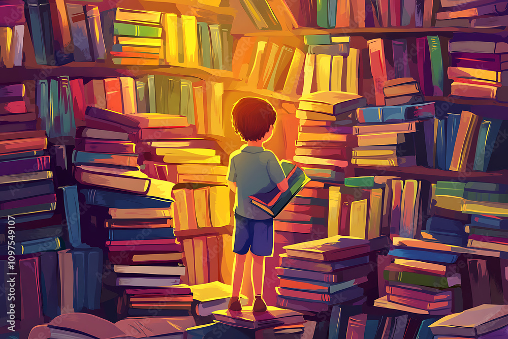 Obraz premium A child stands among colorful books, exploring a magical library filled with knowledge.