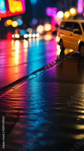 Wallpaper Mural A Captivating Night Scene of Colorful Reflections on Wet Pavement with Vibrant Lights Torontodigital.ca