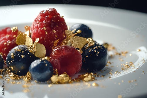 Berries adorned with edible gold flakes, luxurious and elegant for upscale dining  photo