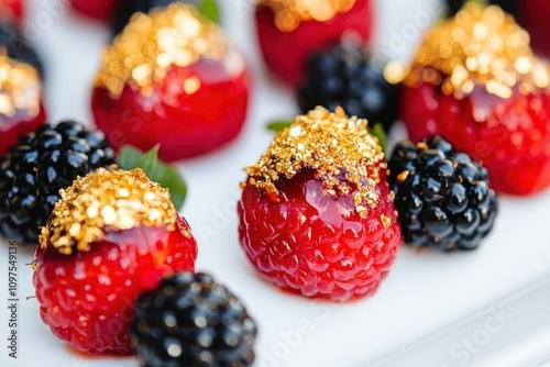 Berries adorned with edible gold flakes, luxurious and elegant for upscale dining  photo