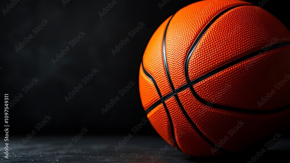 Obraz premium Dark web banner with detailed orange basketball and copy space for text. Professional sports backgrounds