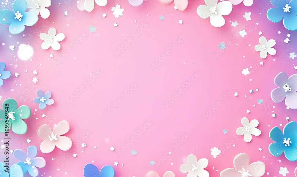 Pastel paper flowers frame on pink background with copy space.