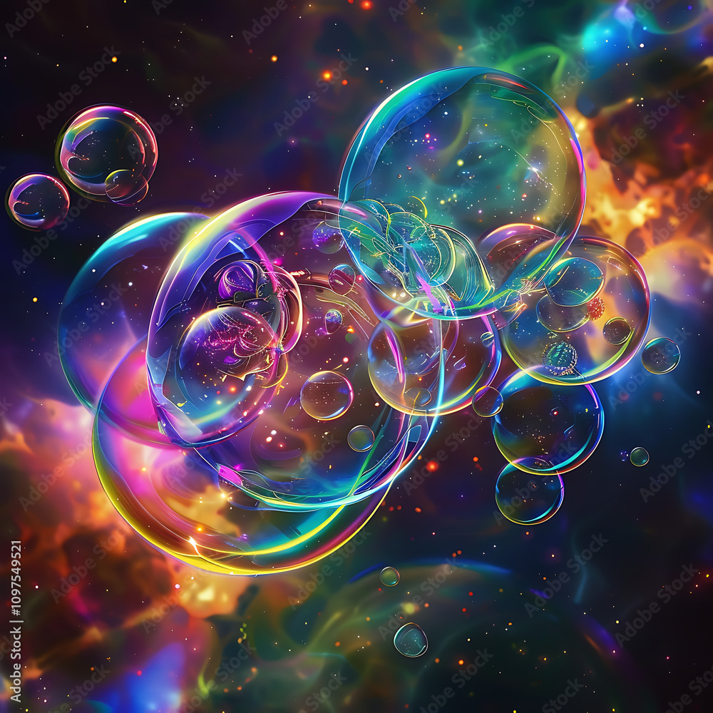 Colorful Bubbles Floating in a Cosmic Space Background with Stars and Colorful Swirls, Creating an Enchanting and Dreamy Atmosphere Colorful Bubbles Floating in a Cosmic Space Background with Stars and Colorful Swirls, Creating an Enchanting and Dreamy Atmosphere