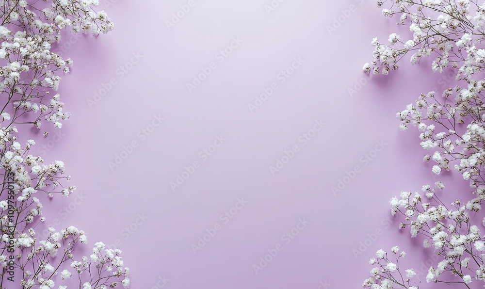 White Baby's Breath flowers frame on a lilac background. Flat lay, top view, copy space. White Baby's Breath flowers frame on a lilac background. Flat lay, top view, copy space.