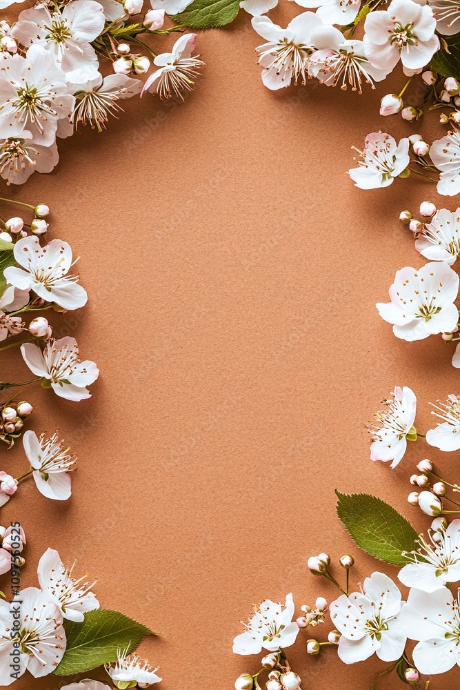 White cherry blossoms frame on brown background. Perfect for spring cards, invitations, or blogs. White cherry blossoms frame on brown background. Perfect for spring cards, invitations, or blogs.