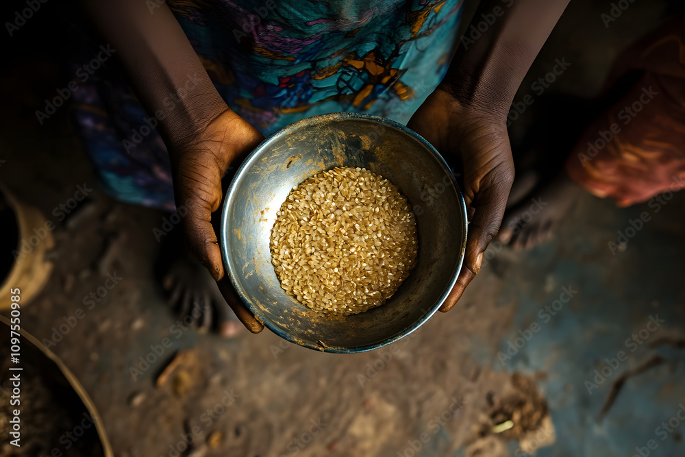 Close-up of hands holding a bowl of grains, symbolizing food scarcity, hunger, and the importance of nourishment and aid for underprivileged communities worldwide Close-up of hands holding a bowl of grains, symbolizing food scarcity, hunger, and the importance of nourishment and aid for underprivileged communities worldwide
