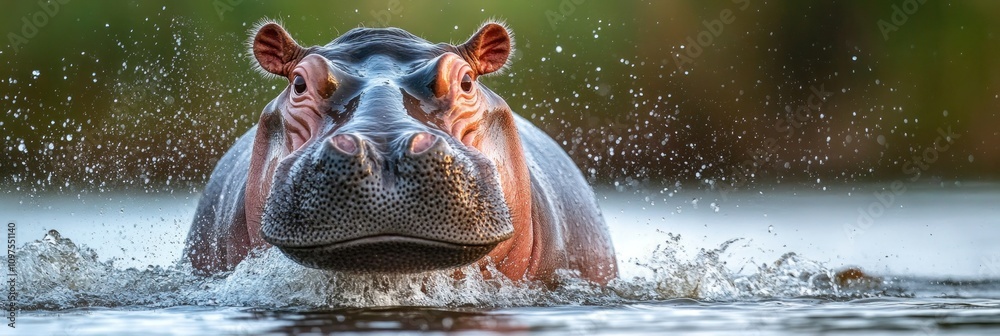 Fototapeta premium A close-up of a hippo emerging from water, showcasing its large head and playful splashes.