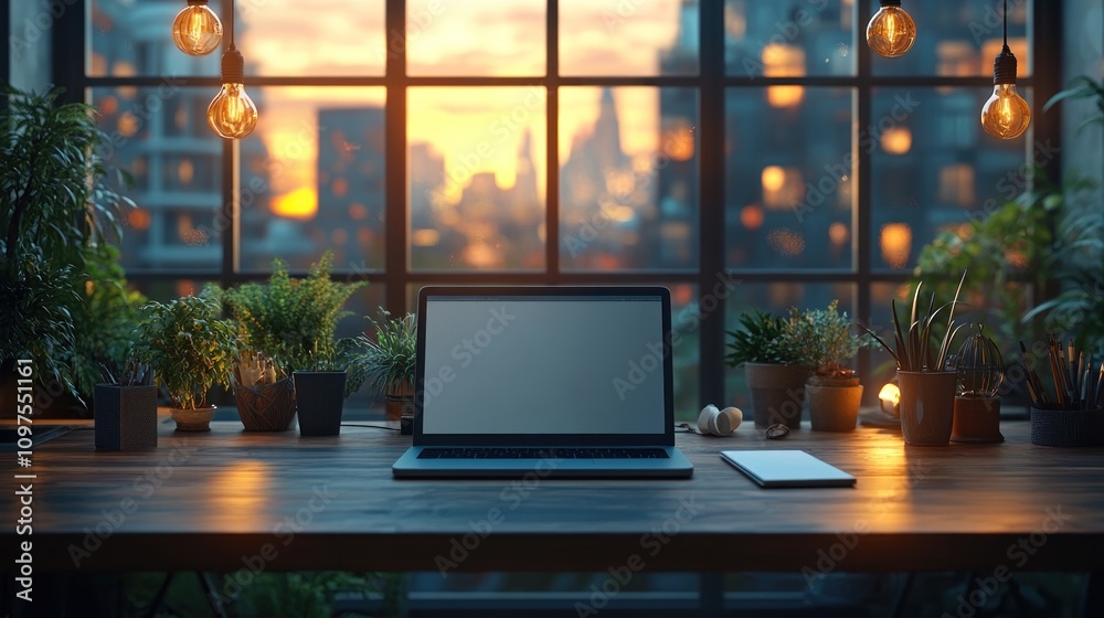 Fototapeta premium Sunset Cityscape View from Cozy Home Office