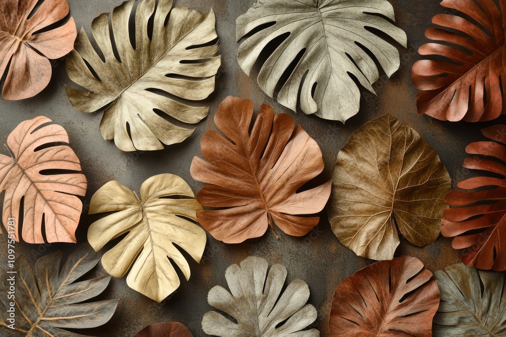 Dried tropical leaves in earthy tones, creating a rustic, Dried tropical leaves in earthy tones, creating a rustic,