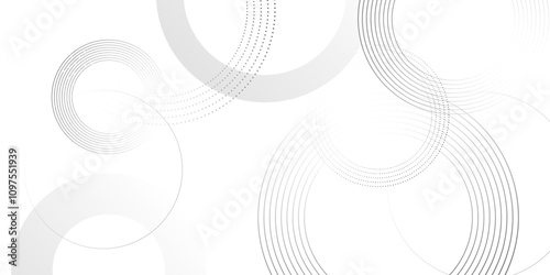 Abstract white background with black circle rings. Spiral sound wave rhythm line and dots dynamic abstract background, Vector illustration design for presentation, banner, cover, poster, texture Etc.	