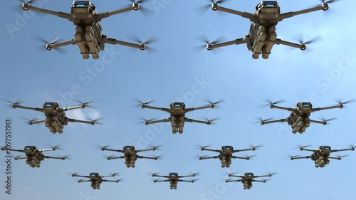 Military drones are flying in the sky, Future war with drone