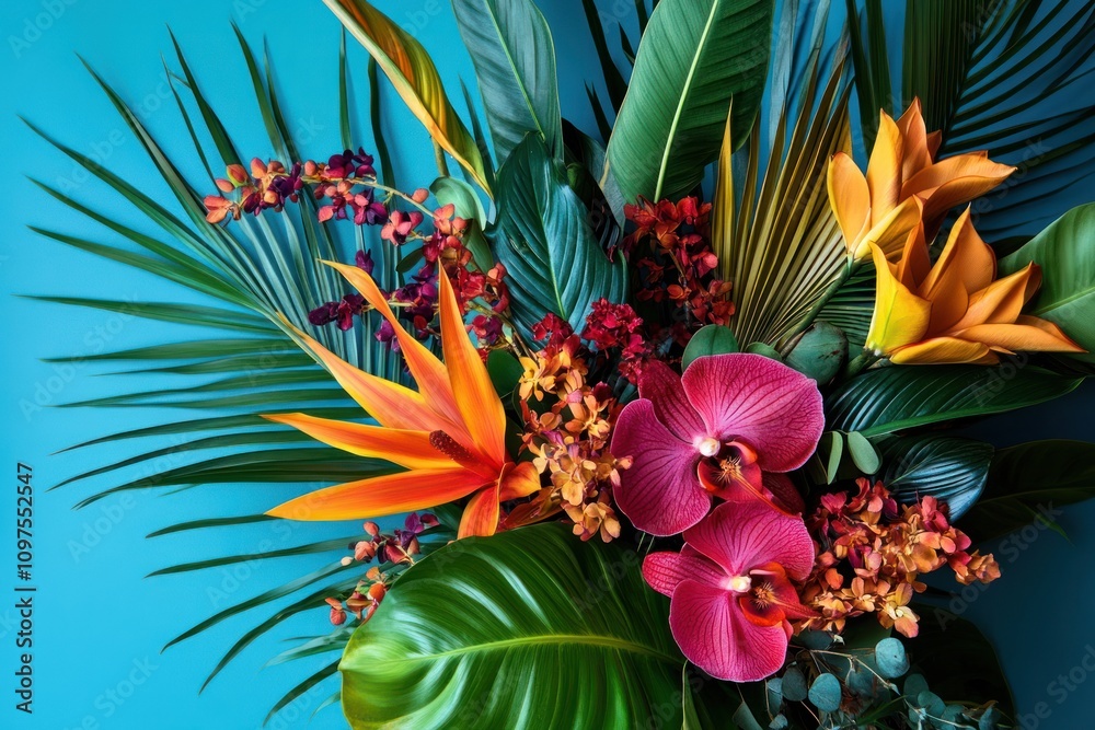 Exotic tropical leaves and flowers arranged in a bouquet, Exotic tropical leaves and flowers arranged in a bouquet,