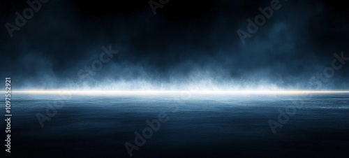 Desolate Foggy Landscape with Reflective Surface and Neon Light in Dark Atmosphere