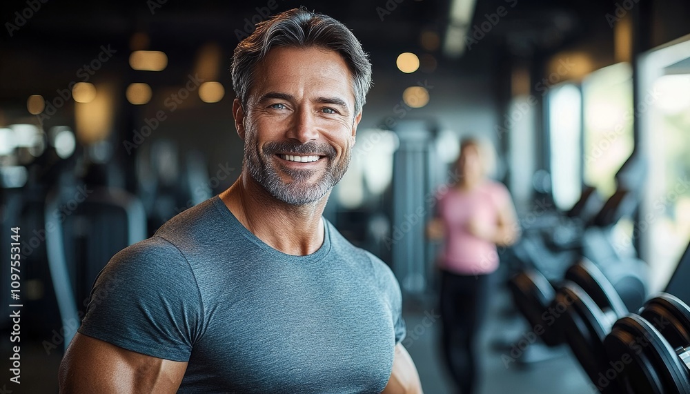 Fit middle-aged man smiling in modern gym lifestyle portrait