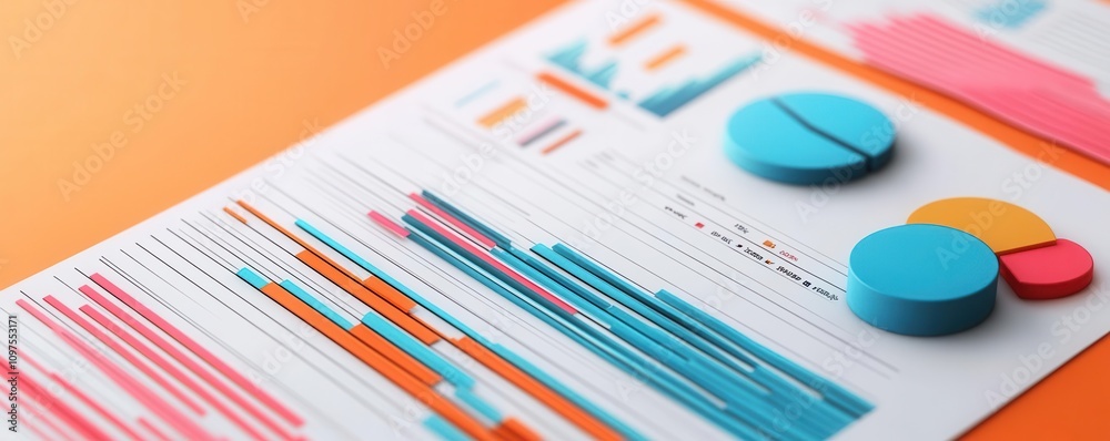 A vibrant data visualization featuring colorful charts and graphs on a bright orange background, illustrating key metrics and trends.