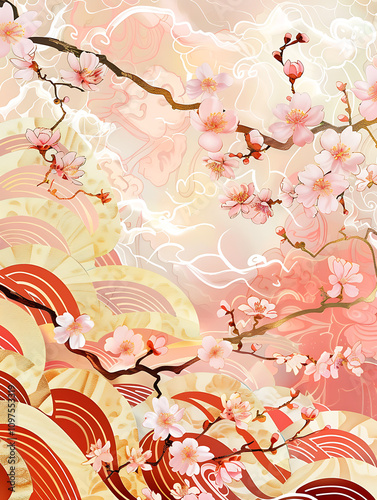Elegant Cherry Blossom Branches in Soft Pink and Gold Waves with Abstract Background, Perfect for Spring or Nature-Themed Designs and Illustrations