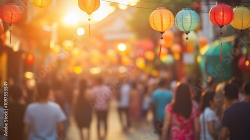 Colorful lanterns illuminate a bustling street market at sunset.