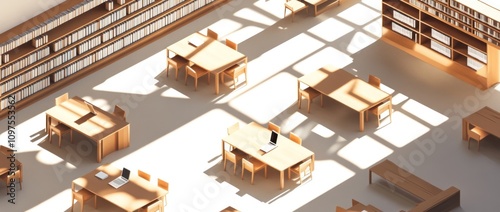 A modern library interior with wooden tables and shelves, illuminated by sunlight.