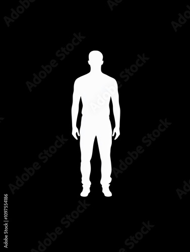 A white silhouette of a regular man on a black background, designed in a general way to represent men of all ages, professions, and gender identities; minimalist style, without any distinctive feature