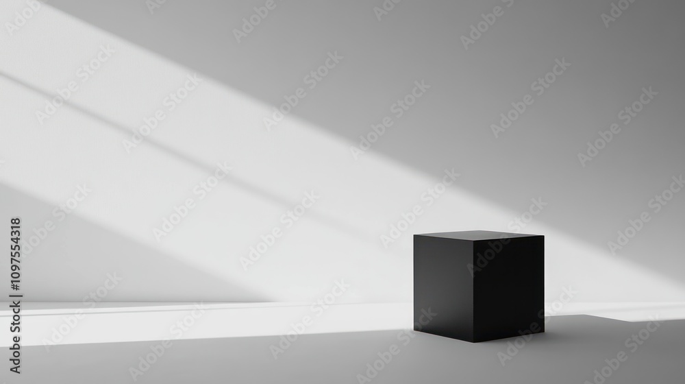 Obraz premium Minimalist Black Cube on White Background with Sunlight