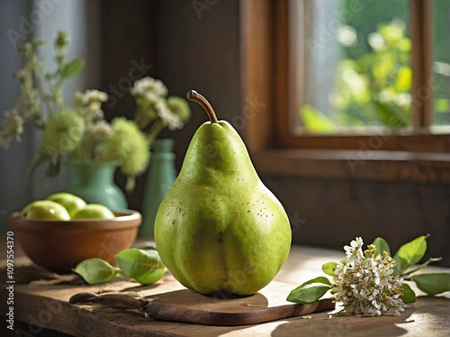A fresh green pear with a smooth, slightly speckled skin, placed on a rustic wooden countertop.