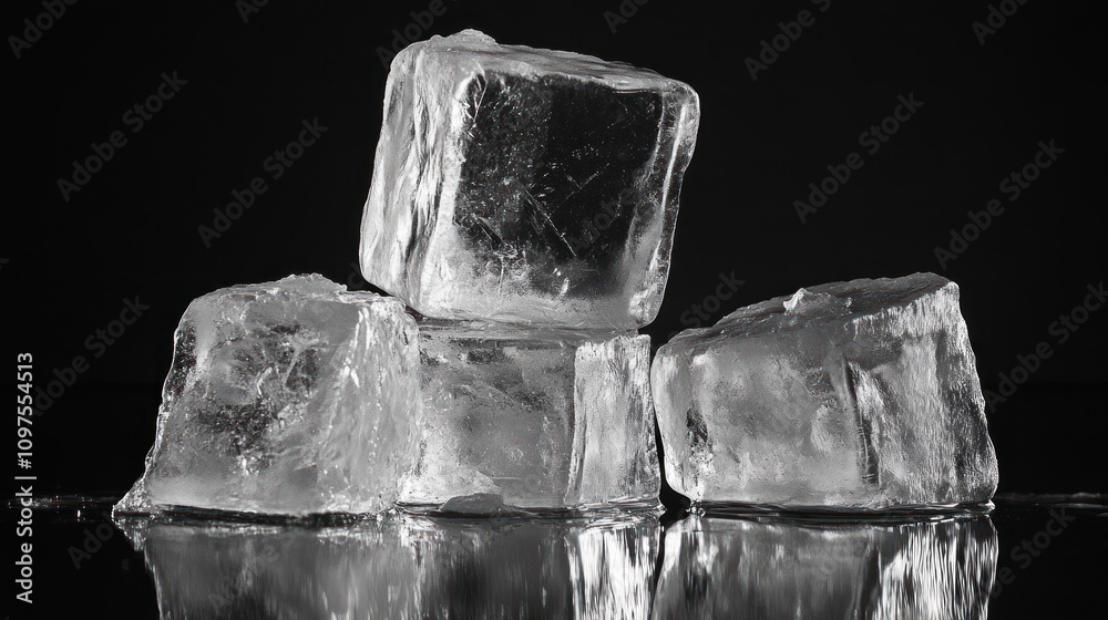 Obraz premium Ice Cubes Reflection on Black Background