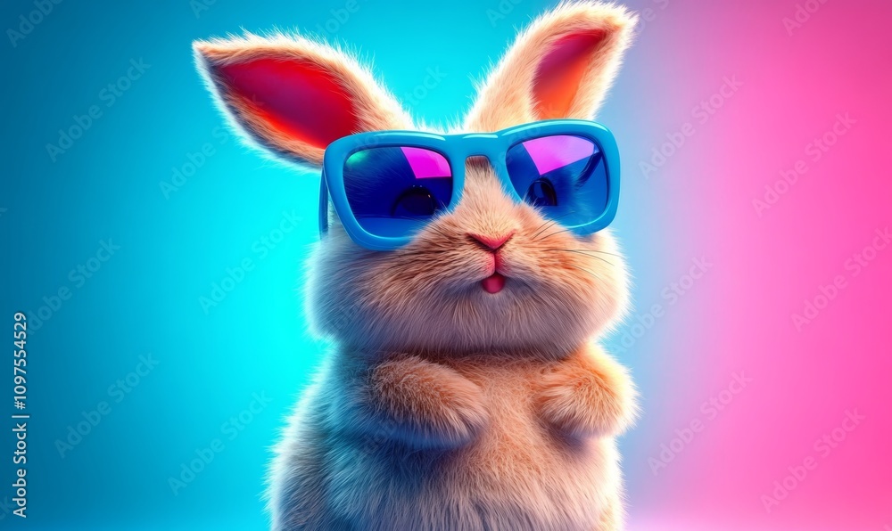 Fototapeta premium Cute Fluffy Rabbit with Sunglasses on Colorful Background