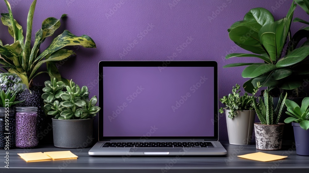 Purple Home Office Setup with Plants and Laptop Purple Home Office Setup with Plants and Laptop