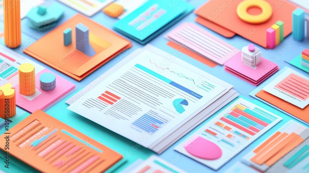 3D illustration of financial documents, charts, and reports in a flat lay style with realistic paper textures and vibrant colors, perfect for business analysis presentations 3D illustration of financial documents, charts, and reports in a flat lay style with realistic paper textures and vibrant colors, perfect for business analysis presentations