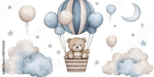 Teddy Bear Hot Air Balloon Baby Shower Invitation Elements Watercolor Illustration with Balloons Clouds Moon and Stars