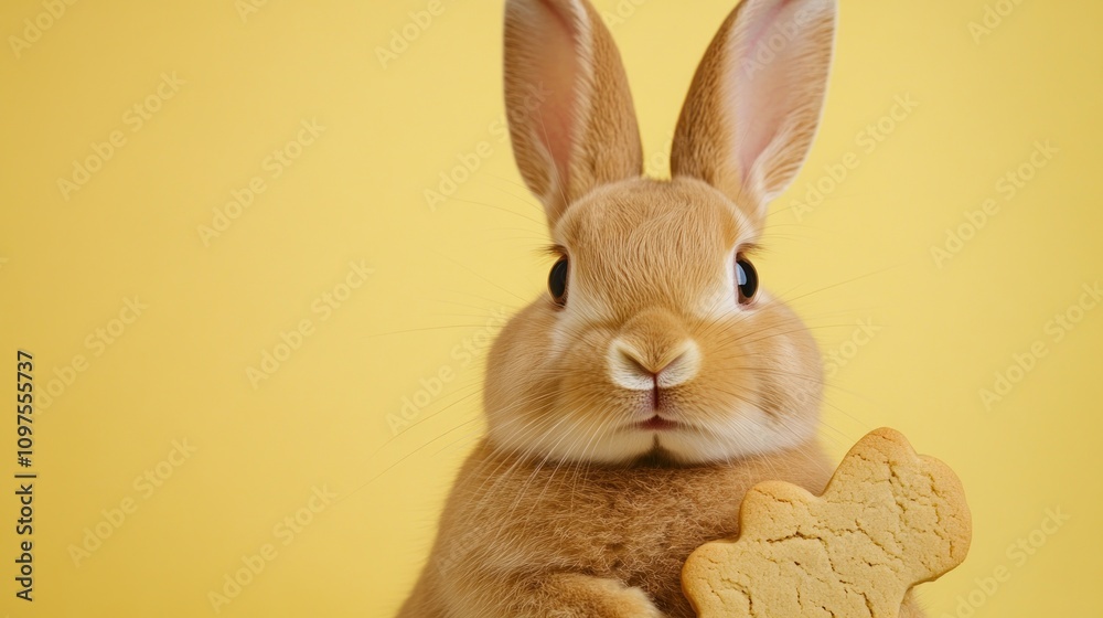 Fototapeta premium A cute rabbit holding a cookie against a vibrant yellow background.
