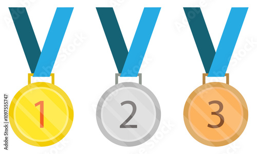 First, second or third place winner awards medal icons set. Gold, silver and bronze medal with blue ribbon. 1st 2nd 3rd place awards icon. Vector illustration.