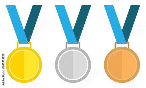 Gold, silver and bronze medal icon set with blue ribbon isolated on a white background. Medal icon set for competition, game, achievement. Flat design. Vector illustration.