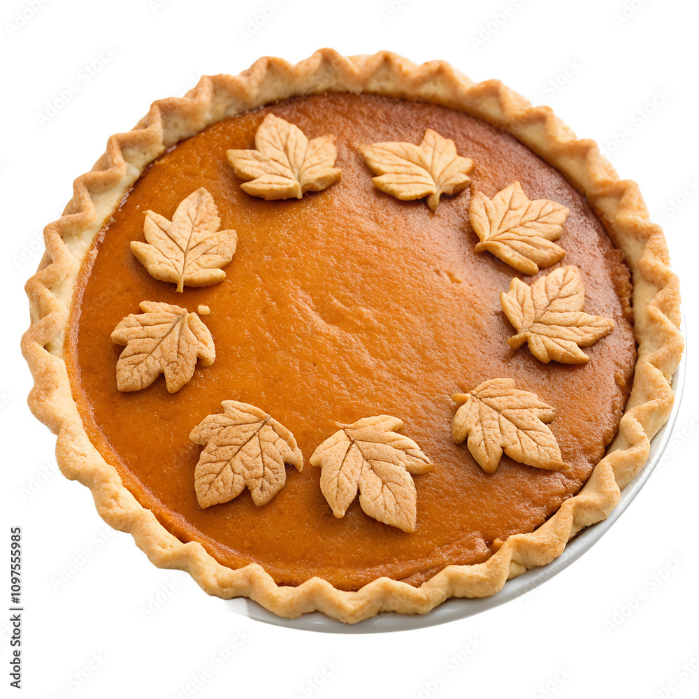 A Thanksgiving pumpkin pie with leaf-shaped crust details, isolated on a transparent background A Thanksgiving pumpkin pie with leaf-shaped crust details, isolated on a transparent background