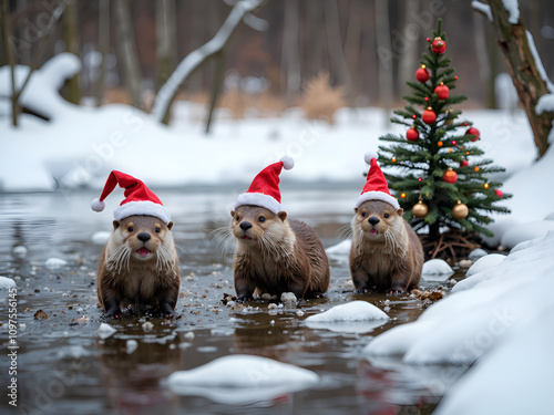 Joyful otters in santa hats playing by a snowy stream with a christmas tree, photorealistic of animal portrait concept.