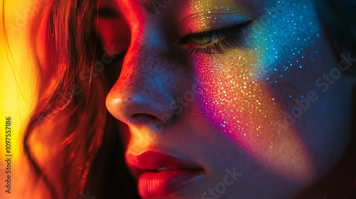 Artistic portrait of a woman with colorful glitter and vibrant lighting showcasing beauty