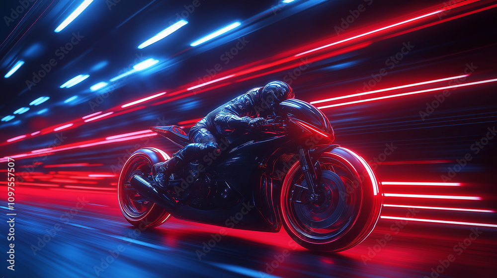 Obraz premium Extreme Long Shot of a High-Speed Futuristic Motorcycle, Showcasing Technology and Dynamic Motion
